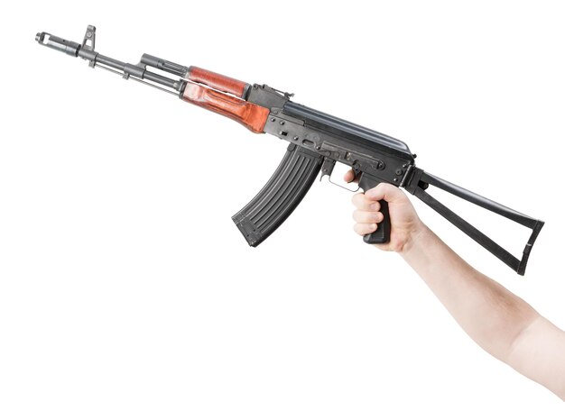 Kalashnikov raised by one hand in a horizontal position Isolated