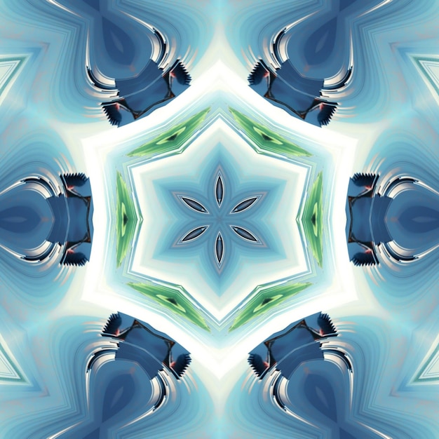 A kaleidoscope of blue and green shapes is arranged in a circle