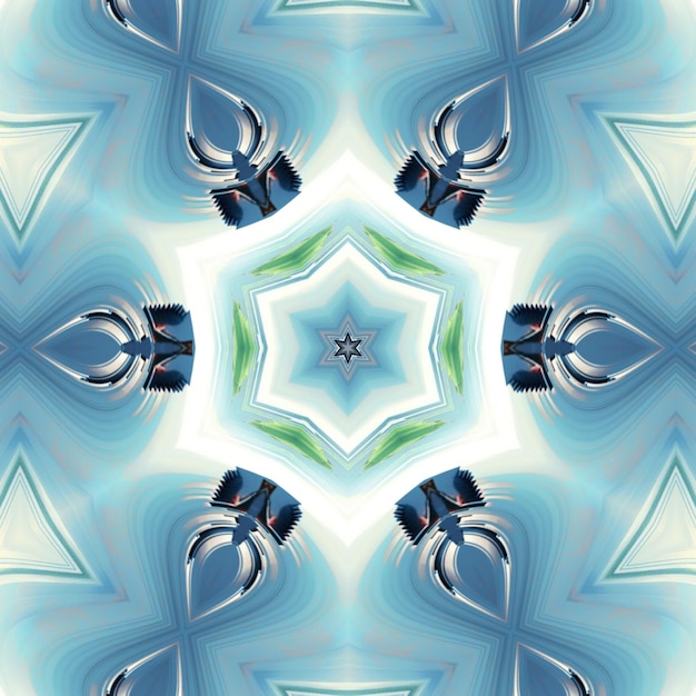 A kaleidoscope of blue and white shapes with a star design in the middle