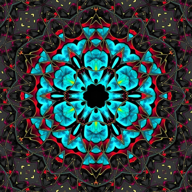 A kaleidoscope of flowers and leaves is printed on a black background.