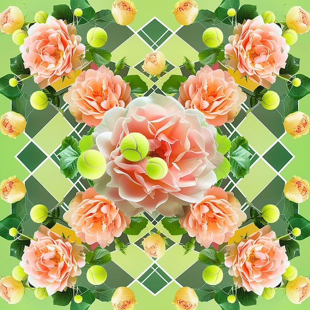 a kaleidoscope image created with objects like a tennis court and tennis balls and cabbage rose Br