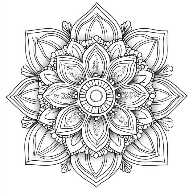 kaleidoscope simple drawing floral coloring book page clean line thick lines black and white wh