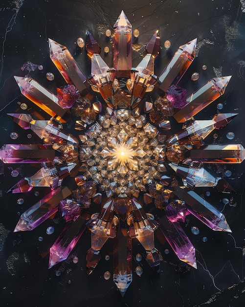 Photo kaleidoscopic crystal mandala with glowing center concept of spirituality healing meditation and energy