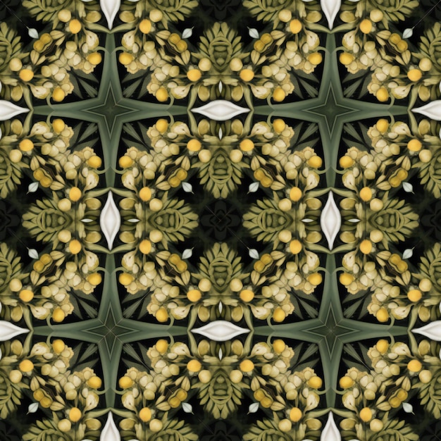 Kaleidoscopic ornamental floral seamless pattern in green and yellow