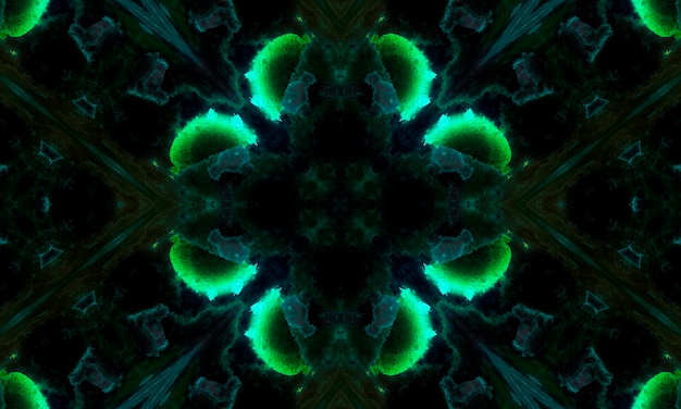 Kaleidoscopic seamless pattern of green neon clover