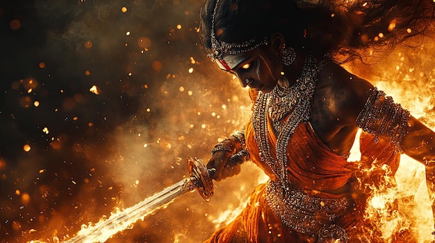 Kali in a compassionate pose holding a sword and a severed head but with a loving expression set against a background of burning embers and smoke