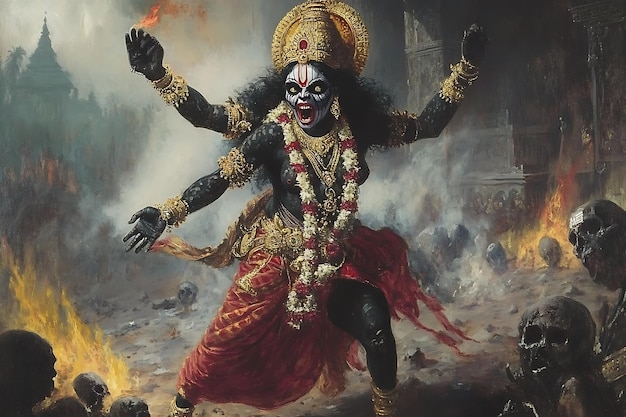 Kali the Hindu Goddess of Destruction in a Fiery and Dramatic Painting