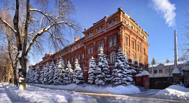 Kaluga Research Institute and snowcovered firs in Kaluga