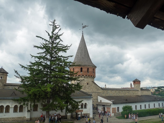 Kamianets Podilsky fortress on cloudy day in Khmelnytskyi Region Ukraine Lanckoronska Tower or the second Laska Tower built between the 14th and 16th centuries