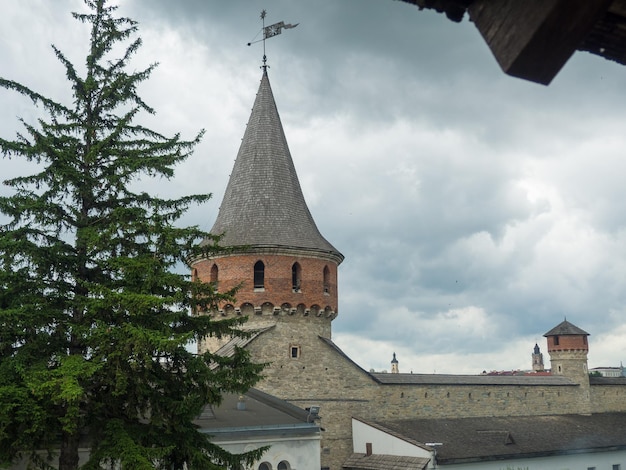 Kamianets Podilsky fortress on cloudy day in Khmelnytskyi Region Ukraine Lanckoronska Tower or the second Laska Tower built between the 14th and 16th centuries