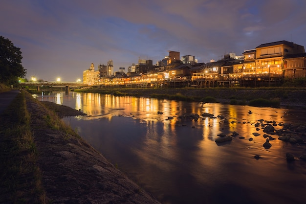 Kamogawa river nearby Gion in sunset