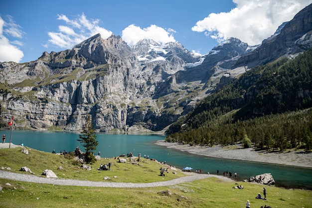 Kandersteg Switzerland -  View of Rothorn, Bluemlisalphorn, Oeschinenhorn, Fruendenhorn and Oeschinensee