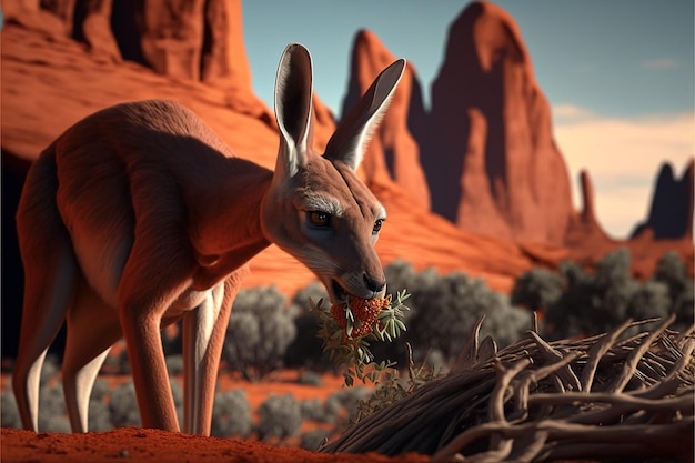 A kangaroo eating a carrot in a desert