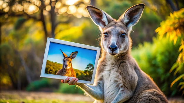 Photo a kangaroo holding a framed picture of a kangaroo and a deer