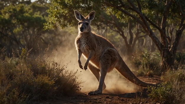 Kangaroo Hopping Through the Bush with Dust Clouds