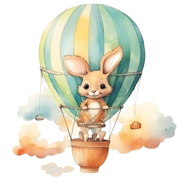 Kangaroo Hot Air Balloon Watercolor Clipart for 1st Baby Birthday Nursery Decor kids illustration