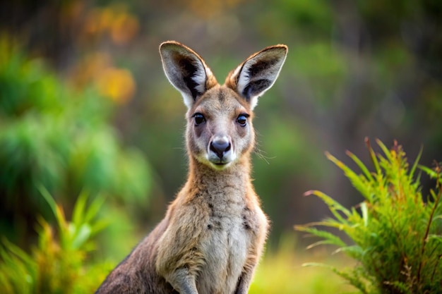 a kangaroo is standing in the grass and looking at the camera