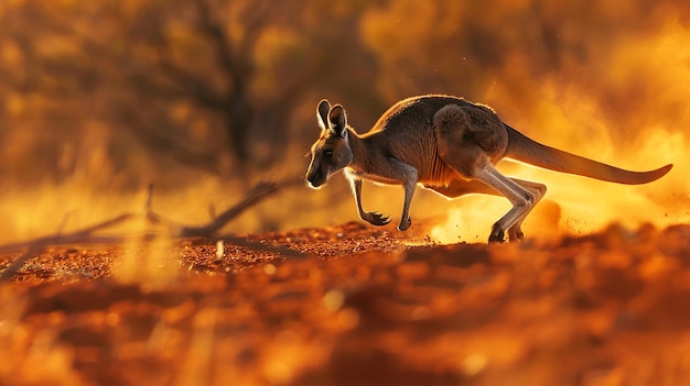 Photo a kangaroo is walking through the dry grass and the sun is setting