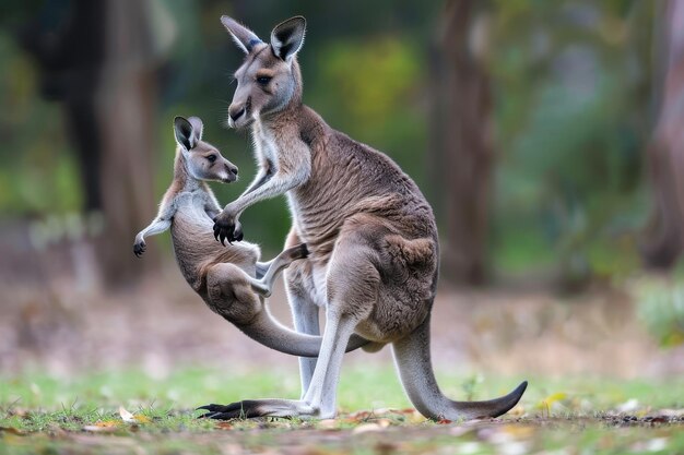 Photo kangaroo and joey play together on a sunny day in a natural setting surrounded by trees and grass