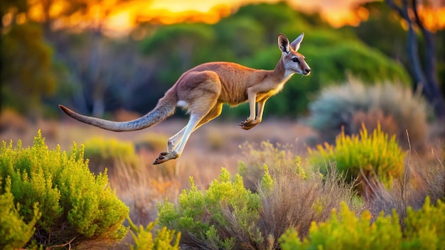 Photo a kangaroo jumping in the air with the sun setting behind it