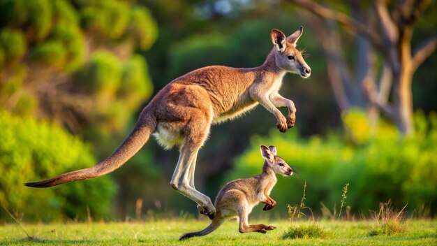 Kangaroo jumping with a joey in pouch