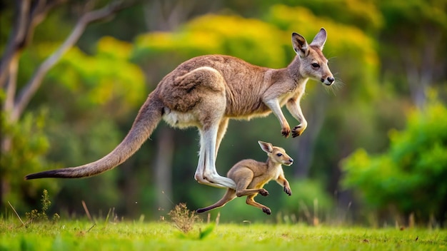 Photo kangaroo jumping with a joey in pouch