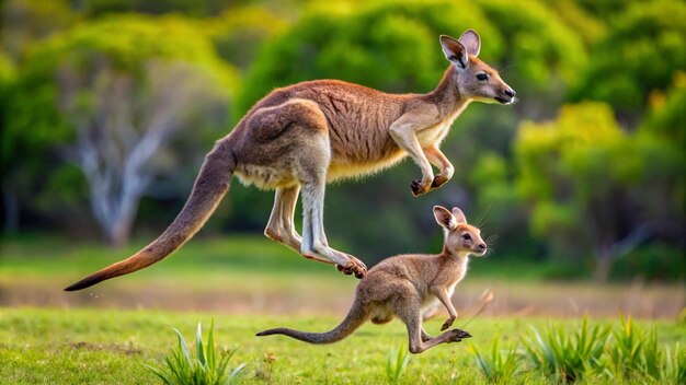 Kangaroo jumping with a joey in pouch