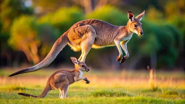 Kangaroo jumping with a joey in pouch