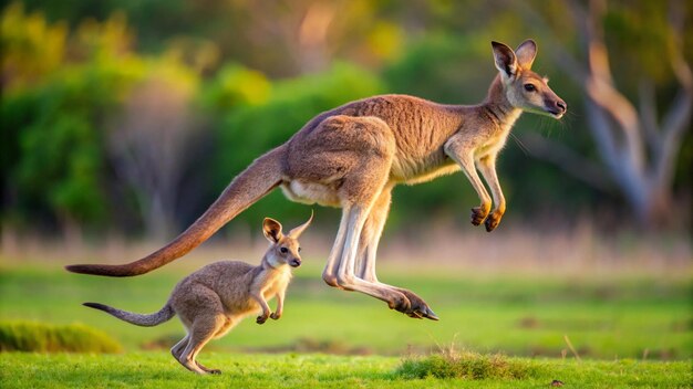 Photo kangaroo jumping with a joey in pouch