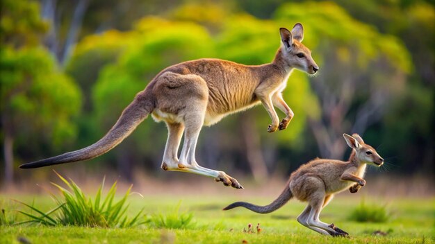 Photo kangaroo jumping with a joey in pouch