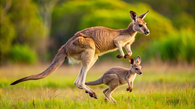 Photo kangaroo jumping with a joey in pouch