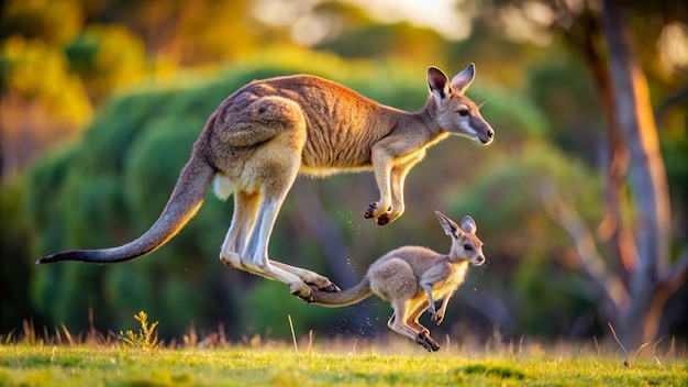 Kangaroo jumping with a joey in pouch