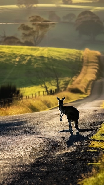 Photo kangaroo leaping across road in australian outback at noon