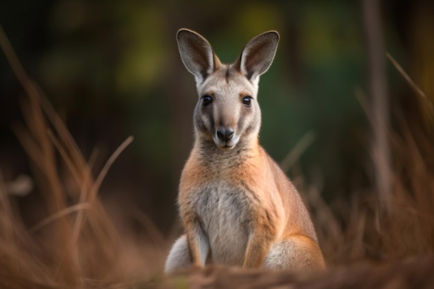 Kangaroo looking at camera in orange wildflowers Australia Generative AI