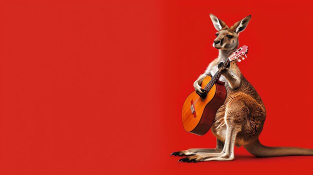 Photo a kangaroo playing guitar against a red background