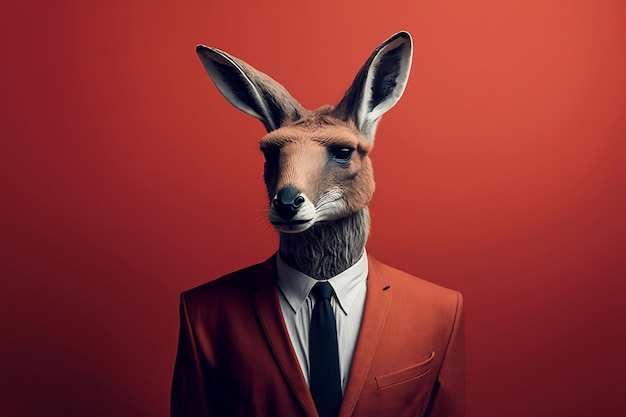 Kangaroo in a Red Suit Against a Simple Plain Background Stock Image of Animal in Business Suit