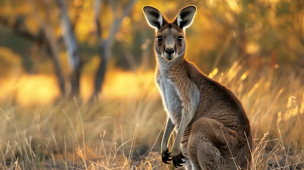 A kangaroo sits in a field of tall grass staring intently at the camera