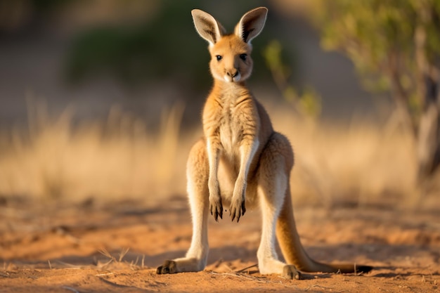 a kangaroo standing on its hind legs in the dirt