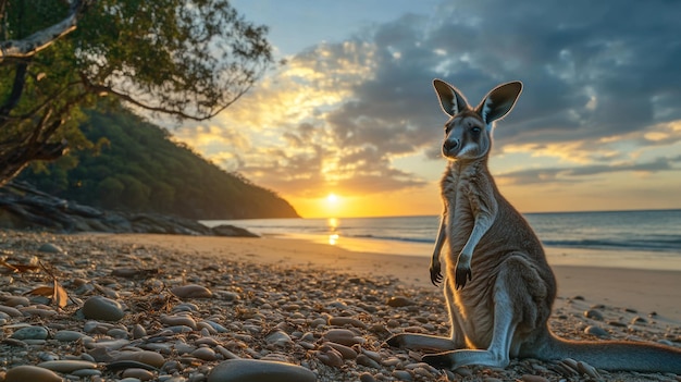 Photo kangaroo at sunrise on a beach