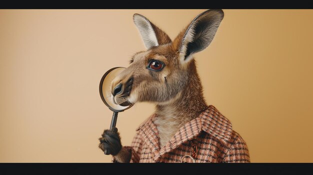 A kangaroo in a tweed jacket and gloves holds a magnifying glass