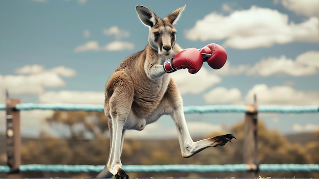 A kangaroo wearing boxing gloves throws a punch in a boxing ring