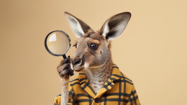 A kangaroo wearing a plaid shirt holds a magnifying glass while looking intently at something offcamera