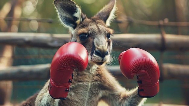 A kangaroo wearing red boxing gloves is ready to fight