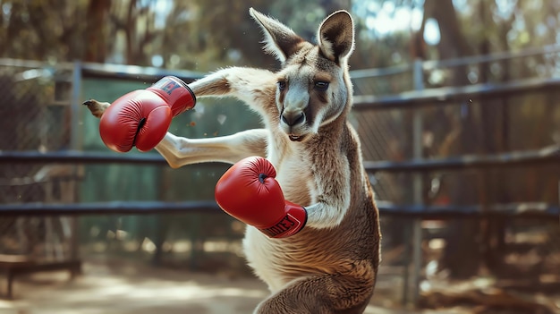 A kangaroo wearing red boxing gloves ready to fight