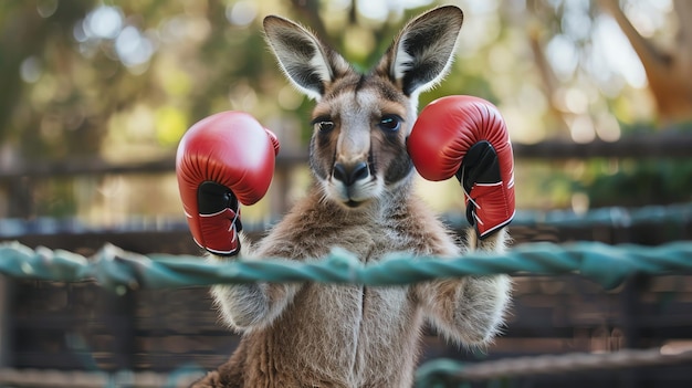 A kangaroo wearing red boxing gloves stands in a boxing ring ready to fight