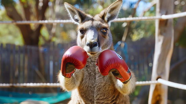 A kangaroo wearing red boxing gloves stands ready to fight