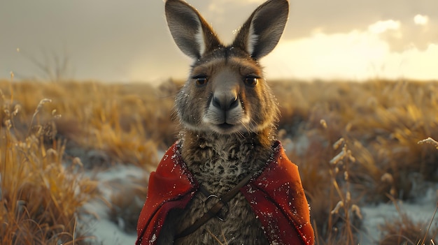 A kangaroo wearing sunglasses and a red scarf is standing in a field The image has a playful and whimsical mood as the kangaroo is dressed up in humanlike clothing and accessories