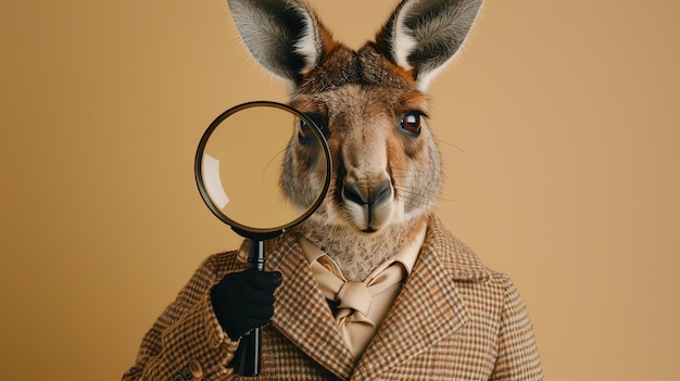 Photo a kangaroo wearing a tweed jacket and tie holds a magnifying glass up to its eye