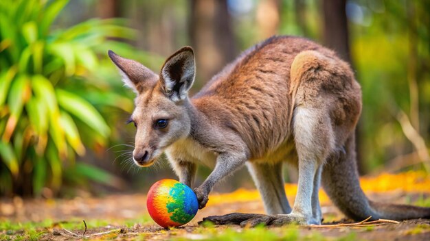 Photo a kangaroo with blue eyes and a multicolored ball in the grass