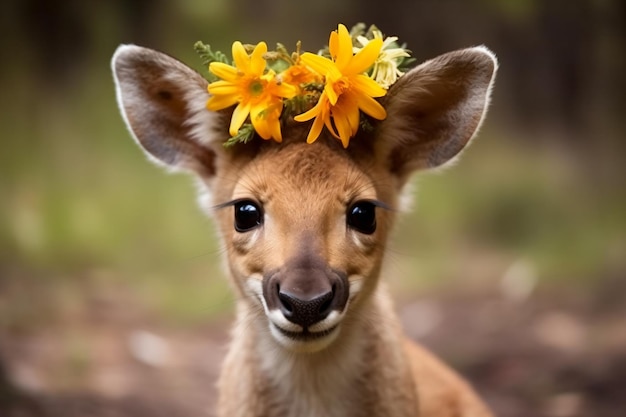 a kangaroo with a flower crown on its head